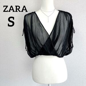 ★新品★ZARA ザラ シアーカシュクールトップ シャーリングショルダー 透け感 シースルー シアー ショート丈 肌見せ 黒 ブラック S