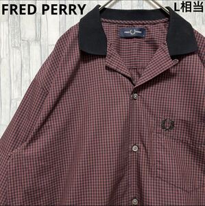 FRED PERRY フレッドペリー 長袖 ギンガムチェックシャツ オープンカラーシャツ 開襟シャツ シンプルロゴ 刺繍ロゴ サイズS 送料無料