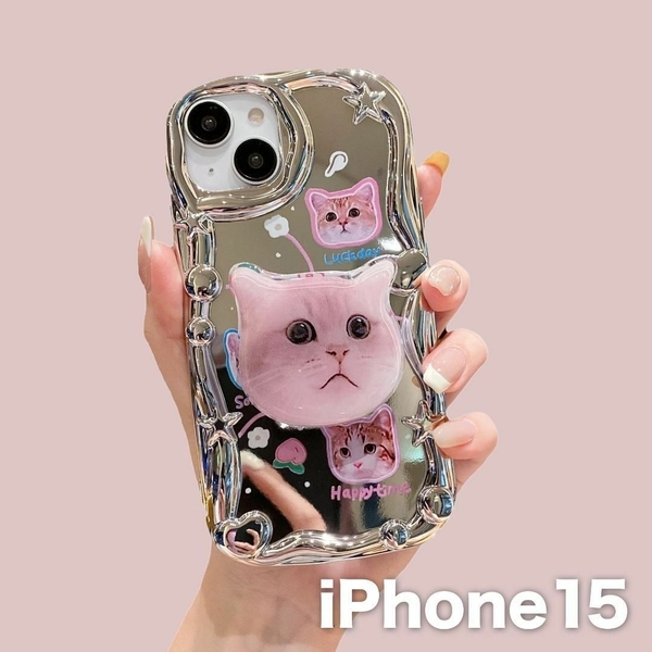 ミーム猫 ミラー iPhoneケース シルバー アイホン15 グリップ付 韓国