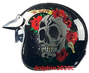 内蔵サングラス ビンテージ ハーレー バイク ジェットヘルメット ゴーグル マスク バブルシールド　M~XXLサイズ　黒髑髏　サイズ：M