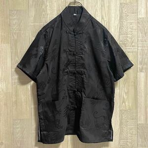 半袖チャイナシャツ ブラック china shirt black M相当