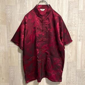 半袖チャイナシャツ ワインレッド china shirt wine red L相当