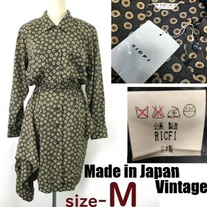 美品/日本製/80s-90s昭和?/Vintage★RICFI/リック★肩パッド入り/膝丈/レトロワンピース【M/khaki/カーキ系】変形/ドット柄/dress◆pBH720