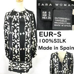 ザラ/ZARA WOMAN★シルク100%/長袖/シースルー/チュニック/春夏ワンピース【EUR-S（日本S-M程度/黒×白/black×white/総柄】◆pBH711