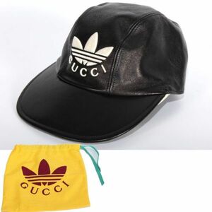 【CU】【L】adidas x Gucci アディダス グッチ コラボ 限定 チンストラップ付き キャップ ブラック ラムレザー724622 3HANU 1077 帽子新品