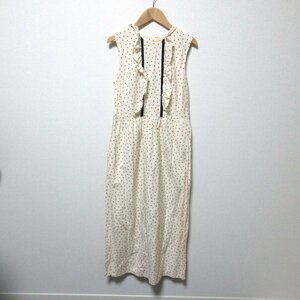 美品 Orla Kiery オーラカイリー ドット柄 シルクブレンド フリル ロング丈 ノースリーブワンピース UK8 ホワイト×オレンジ ◆