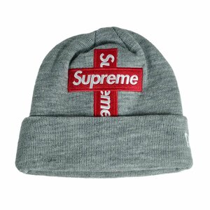 新品同様 Supreme×New Era シュプリーム ニューエラ ロゴ刺繍 クロスボックスロゴ ビーニー ニット帽 グレー J0402