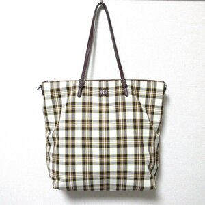 美品 Tory Burch トリーバーチ VIRGINIA TOTE ツイル×レザー ロゴパッチ トートバッグ ブラウン系 マルチカラー ◆