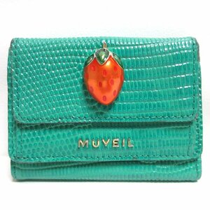 美品 MUVEIL ミュベール イチゴモチーフ 型押しレザー コンパクトウォレット 3つ折り財布 グリーン ◆