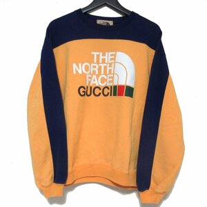 美品 21AW GUCCI×THE NORTH FACE グッチ×ノースフェイス ロゴプリント 長袖 スウェットシャツ トレーナー 671449 XJDRF Sサイズ 紺×黄