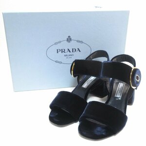 美品 PRADA プラダ オープントゥ チャンキーヒール ベルベット サンダル 34 21.0cm相当 ネイビー×ゴールド金具