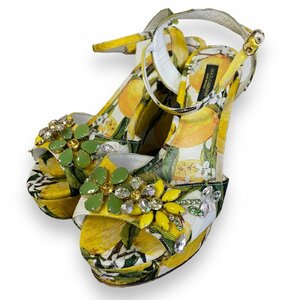  хорошая вещь DOLCE&GABBANA Dolce & Gabbana лимон рисунок biju- лодыжка ремешок Wedge подошва сандалии 36 1/2 примерно 23.5cm оттенок желтого 