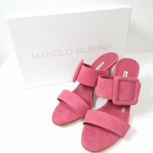 新品同様 MANOLO BLAHNIK マノロブラニク GABLE スエード バックル オープントゥ ミュール サンダル 38 25cm相当 ピンク