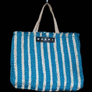  прекрасный товар MARNI Marni MARKET TOTE полоса рисунок linen рынок большая сумка бирюзовый голубой × слоновая кость 