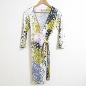 美品 DIANE von FURSTENBERG ダイアンフォンファステンバーグ 七分袖 ひざ丈 シルクジャージ ラップワンピース 2 マルチカラー ◆