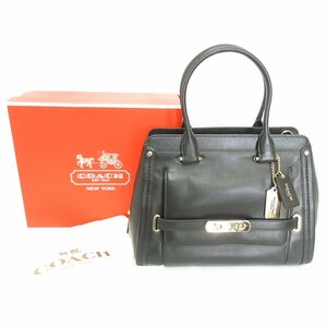 美品 COACH コーチ ロゴチャーム付き レザー 2way ハンドバッグ ショルダーバッグ ブラック ◆