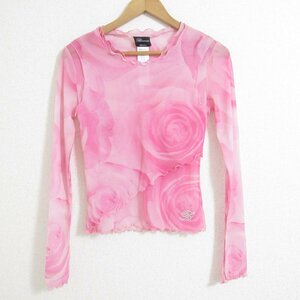 beautiful goods Blumarine Blumarine rose print Swarovski long sleeve power net sia- cut and sewn blouse I38 size pink *