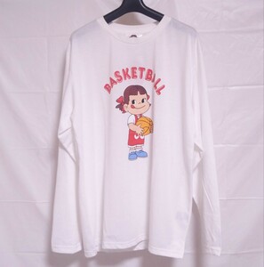 不二家 ペコちゃん バスケットボール フロントプリント 長袖 Ｔシャツ プルオーバー ホワイト メンズ 3Lサイズ