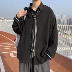 【残りわずか】ストライプ ネクタイ シャツ L ブラック モード 韓国 襟付き