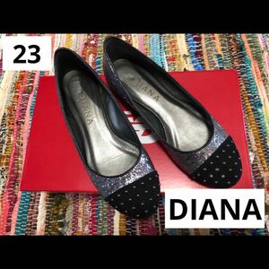 【DIANA】ブラック シルバーラメ スタッズ フラットシューズ パンプス　23