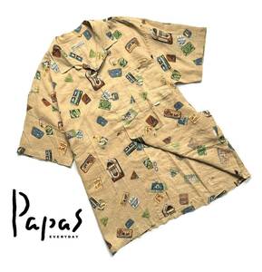 最高級【定価3万超】Papas パパス リネン 半袖シャツ L (50) メンズ 麻100％【レコード ジュークボックス柄】総柄 送料370円 日本製 