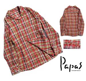 美品【定価3万超】Papas パパス リネン チェック シャツジャケット 48(M) メンズ【ロゴワッペン】送料520円 高清涼感 麻100％ 日本製