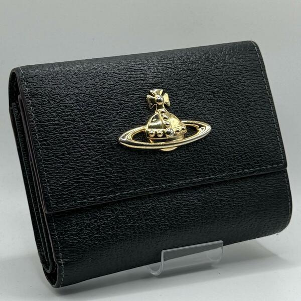 【極美品】Vivienne Westwood ヴィヴィアンウエストウッド accessories　EXECUTIVE 三つ折り財布 オーブロゴ ゴールド金具 ブラック レザー