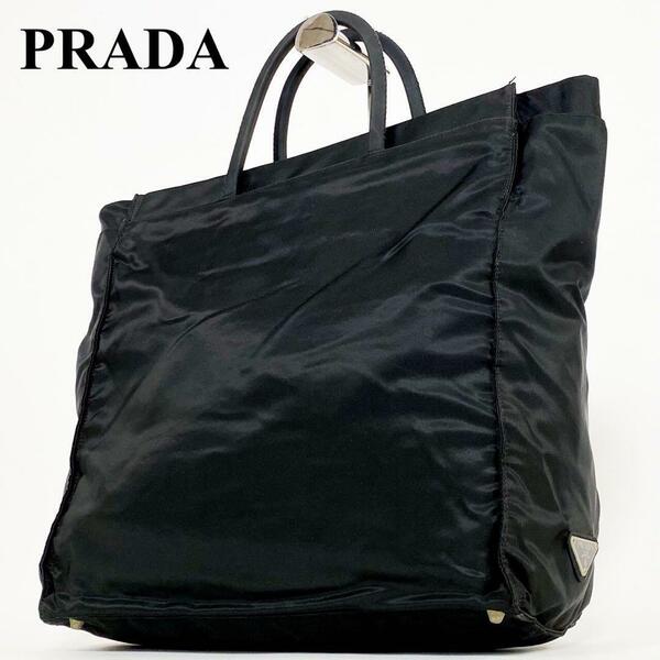 【美品】PRADA プラダ トートバッグ ハンドバッグ ナイロン 三角ロゴ ロゴプレート ブラック 黒 A4 大容量 レディース メンズ 男女兼用