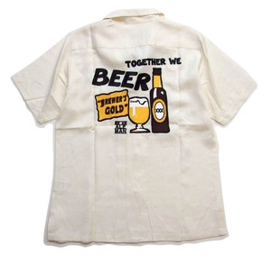 新品 HOUSTON ボーリングシャツ 白M ビール柄総刺繍 BEER ヒューストン メンズシャツ アロハ 40660