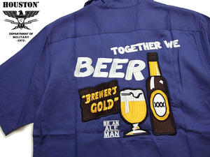 新品 ヒューストン ボーリングシャツ 紺L 総刺繍シャツ BEER メンズシャツ HOUSTON ビール柄アロハ 40660