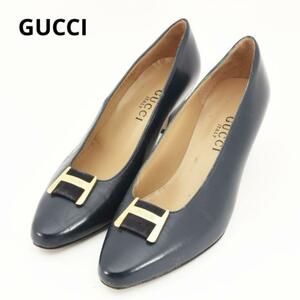 GUCCI　グッチ　ロゴ刻印金具　レザーパンプス　ネイビー系　22cm