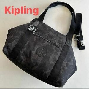 【百貨店購入】Kipling キプリング 大き目　2way バッグ　黒　メタリック　ゴリラチャーム付
