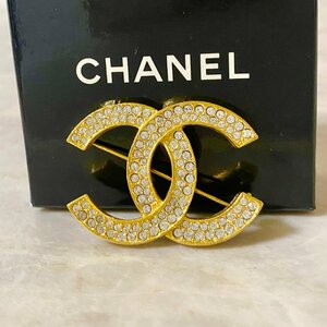  Chanel брошь здесь Mark 2 ряд камень Stone Gold золотой Logo камень 2 *