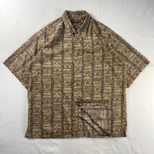 US Vintage ハワイ製 TORI RICHARD HONOLULU コットン100% 貝ボタン 民族 幾何学模様 ハワイアン 総柄 デザインシャツ アロハシャツ