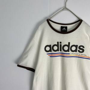 adidas　リンガーTシャツ　ビッグロゴ　アイボリー　ブラウン