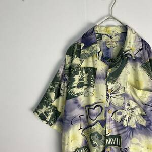 半袖シャツ　アロハシャツ　ハワイアン　総柄　紫　黄色　緑