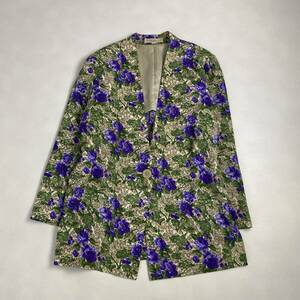 ヴィンテージ　ノーカラージャケット　花柄　しわ加工　上品　11サイズ　紫　緑