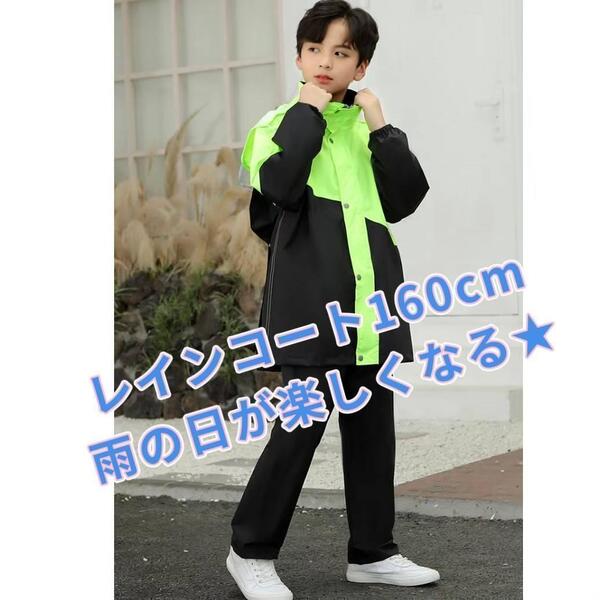 ★160 緑 黒 キッズ レインコート ウインドブレーカー 子供 雨具 かっぱ