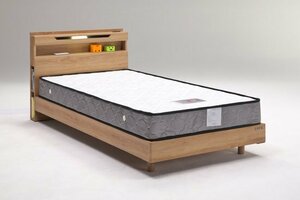 シングルベッド コンセント ナチュラル木目色 木製ベッド シングル フレームのみ 高さ調節可能 レッグタイプ LED照明付き 収納棚付き　マ