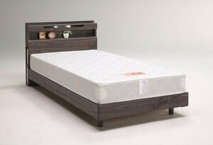 シングルベッド コンセント ブラウン 木製ベッド シングル フレームのみ 高さ調節可能 レッグタイプ LED照明付き 収納棚付き　マット別