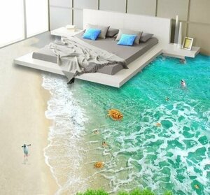 C453 巨大 3D フロアマット 1.2m*2m* ビーチ 砂浜 海 貝殻 風景 景色 リフォーム 防音 断熱 滑り止めシート 床 壁 天井 はがせるシール