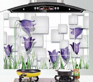 防水 耐熱 油汚れ防止 キッチン はがせる 壁シール 60×90㎝ 紫花 フラワー C066 アルミ 保護シート ガード 台所