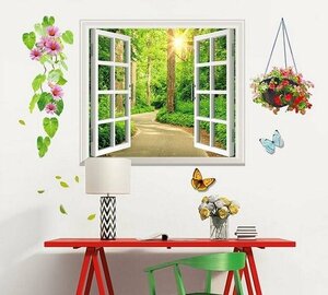癒しの３D窓 ウォールステッカー C201 森抜け道 窓＋花 騙し絵 トリックアート はがせる 壁紙 シール 防水 DIY 壁