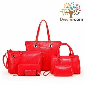 豪華6点ギフトSET☆ PUレザー クロコ型押し 【レッド】 BAG ハンドバッグ レディース プレゼントお祝い K-148