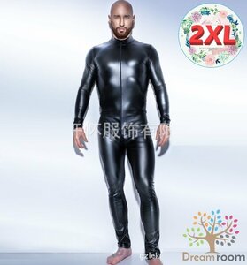 men's レザー 長袖 ボディースーツ 【2XL】 メンズ ハード ロック マッチョ セクシー 男性 コスプレ レオタード M-079