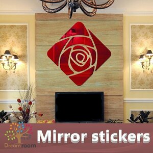 エレガント 薔薇 ミラーウォールステッカー 60×60cm 【レッド】 1枚 鏡面 シール ウォールデコ 壁掛け 割れない鏡 インテリア