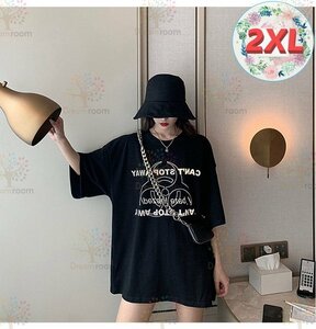 ユルっと可愛い！ミドル丈 シャイニーロゴ ビッグTシャツ 【ブラック 2XL】 大きいサイズ トップス チュニック 半袖 K-318