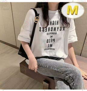 ユルっと可愛い！ミドル丈 ロゴ ビッグTシャツ 【ホワイト M】 大きいサイズ トップス チュニック 半袖 K-316