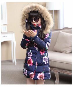 [130cm] down coat floral print flower pink child clothes outer girl cotton inside long coat Korea child clothes 