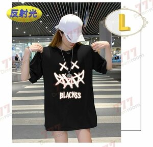 反射光☆光る 落書き風 ロゴ ビッグTシャツ 【ブラック L】 半袖 大きめ ゆるカジ K-401